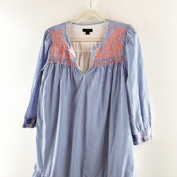 J. Crew Leda Popover Embroidered Striped 3/4 Sleeve Cotton Mini Dress Blue Small - Picture 7 of 9